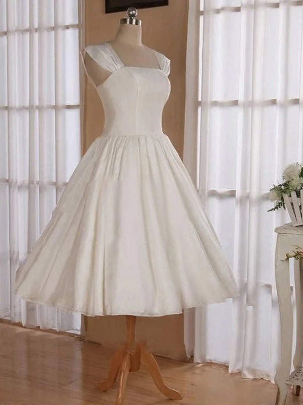 Straps Sleeveless Lace - Up Back Tea - Length Satin Wedding Dress - KissProm