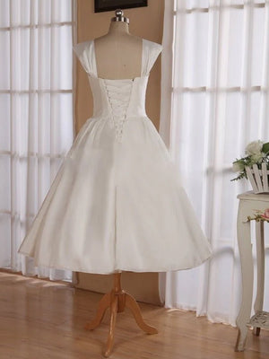 Straps Sleeveless Lace - Up Back Tea - Length Satin Wedding Dress - KissProm