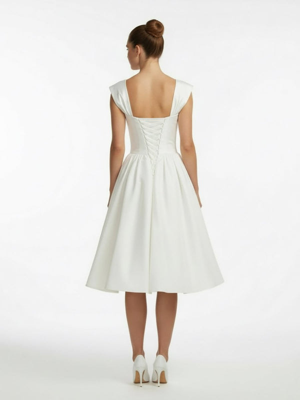 Straps Sleeveless Lace - Up Back Tea - Length Satin Wedding Dress - KissProm