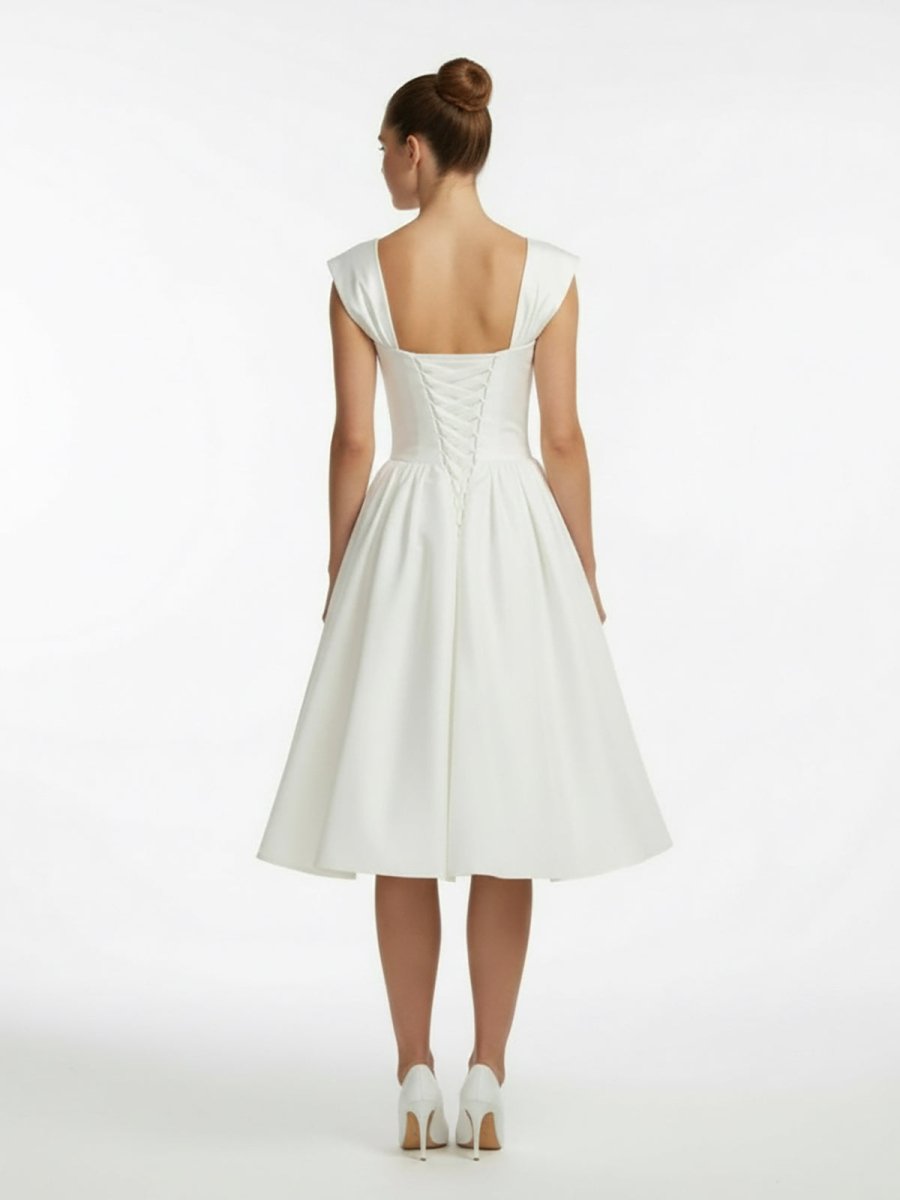 Straps Sleeveless Lace - Up Back Tea - Length Satin Wedding Dress - KissProm