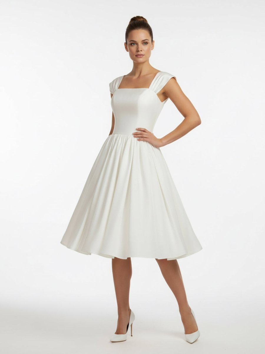 Straps Sleeveless Lace - Up Back Tea - Length Satin Wedding Dress - KissProm