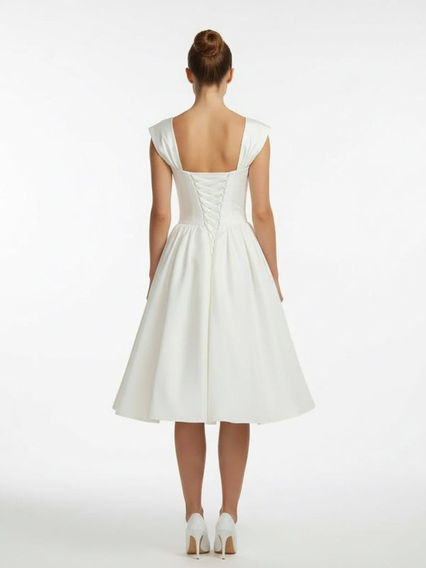 Straps Sleeveless Lace - Up Back Tea - Length Satin Wedding Dress - KissProm