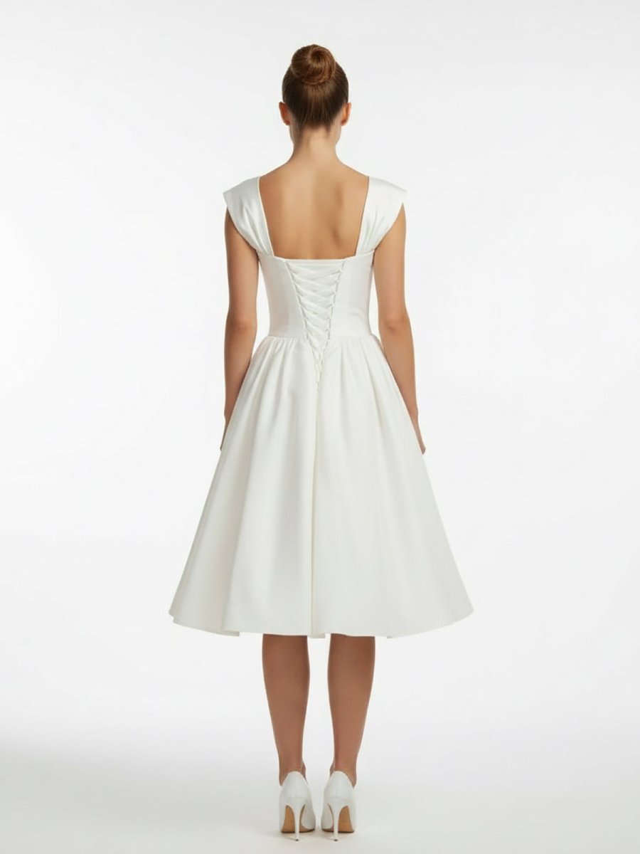 Straps Sleeveless Lace - Up Back Tea - Length Satin Wedding Dress - KissProm
