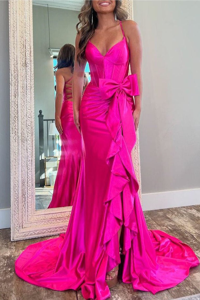 KissProm-Jianna Fuchsia Straps V-Neck Satin Mermaid Prom Dress With Bow