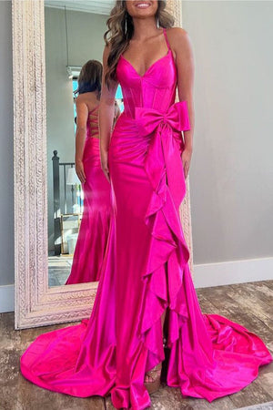 KissProm-Jianna Fuchsia Straps V-Neck Satin Mermaid Prom Dress With Bow