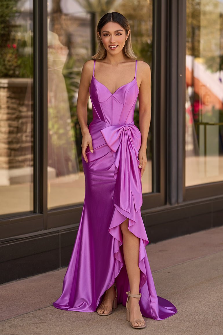 KissProm-Jianna Purple Straps V-Neck Satin Mermaid Prom Dress With Bow