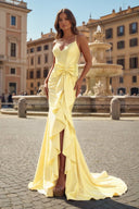 Straps V - Neck Satin Mermaid Prom Dress with Bow - KissProm