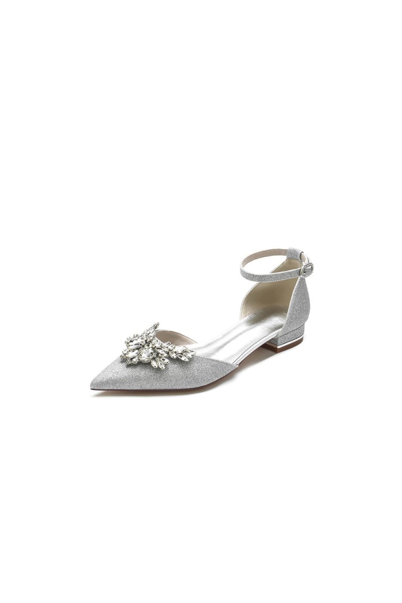 Stretch Glitter With Ankle Strap Rhinestone Pointed Toe Flat Heel Party Shoes - KissProm