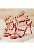 Studded Strappy Leather Open Toe High Heels - KissProm