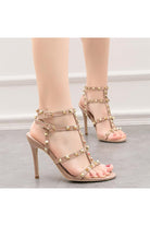 Studded Strappy Leather Open Toe High Heels - KissProm