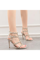 Studded Strappy Leather Open Toe High Heels - KissProm