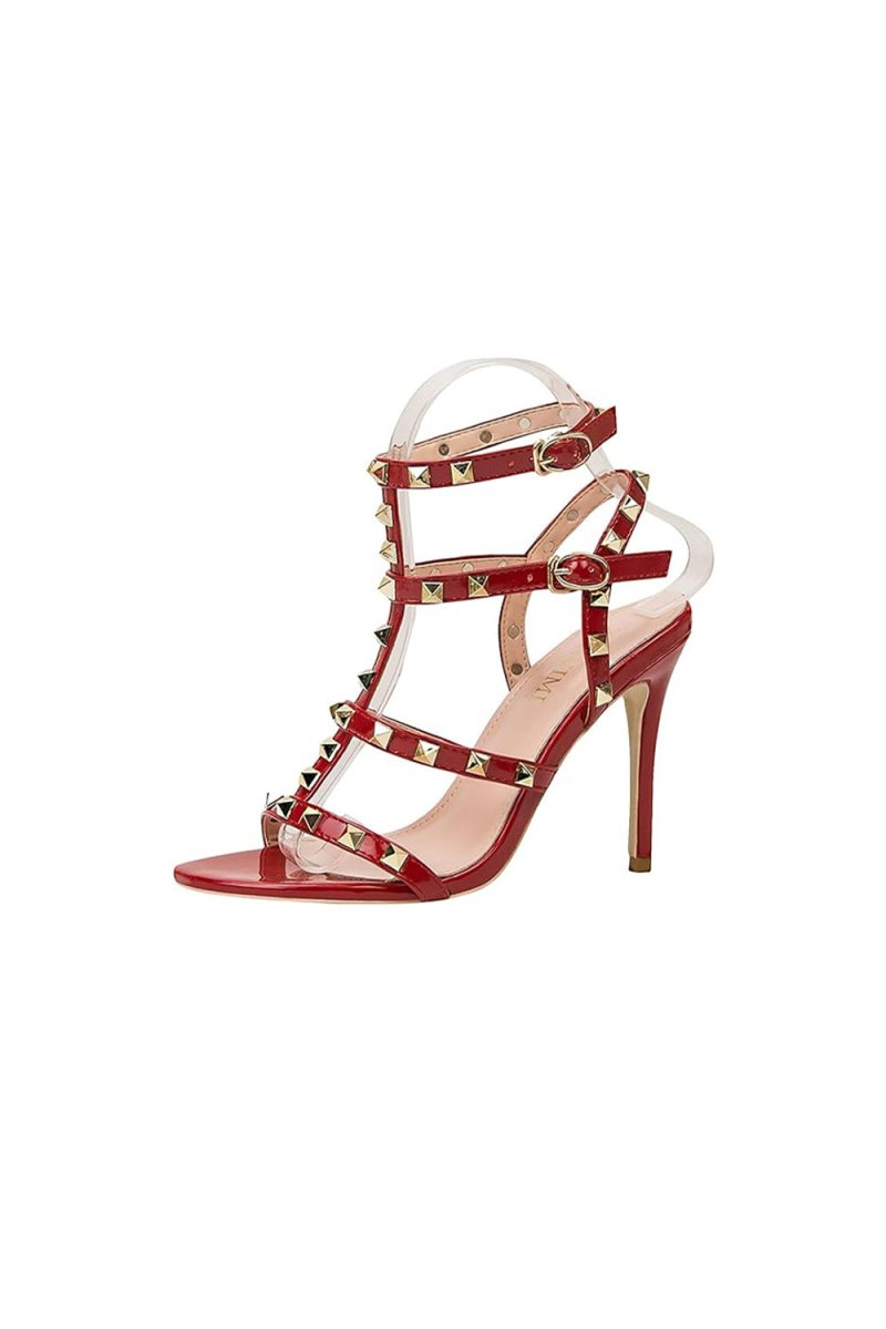 Studded Strappy Leather Open Toe High Heels - KissProm