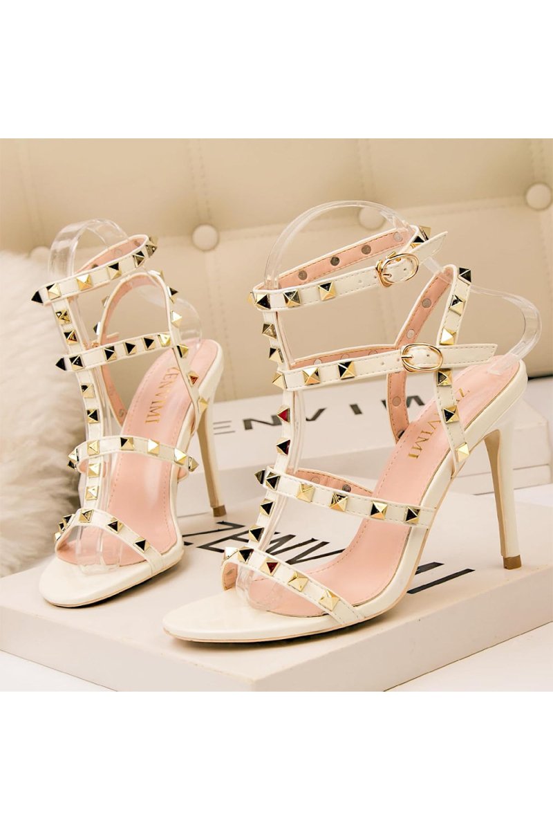 Studded Strappy Leather Open Toe High Heels - KissProm