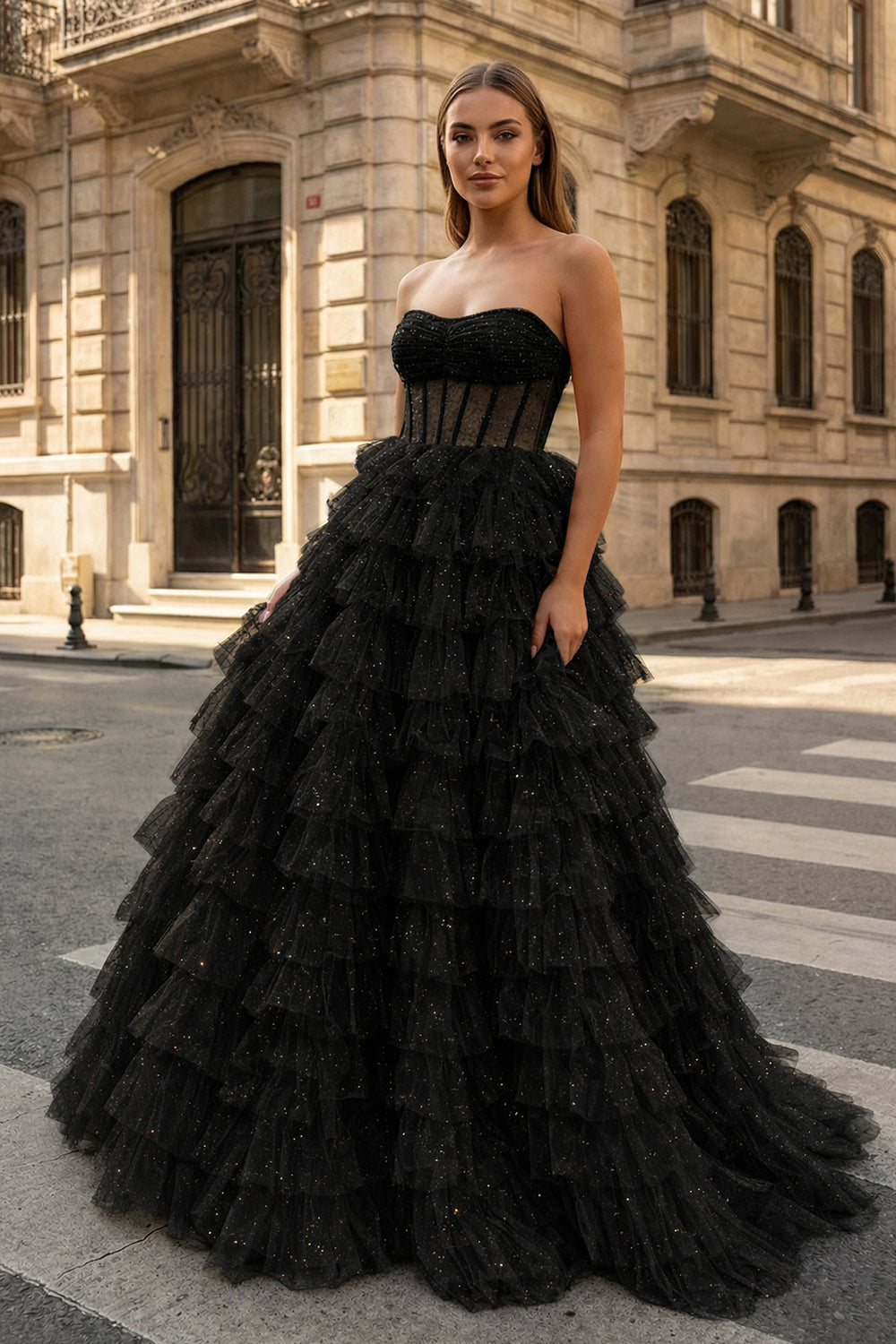A Line Strapless Corset Glitter Tulle Prom Dress with Ruffles - KissProm