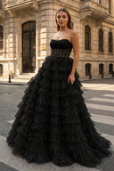 A Line Strapless Corset Glitter Tulle Prom Dress with Ruffles - KissProm