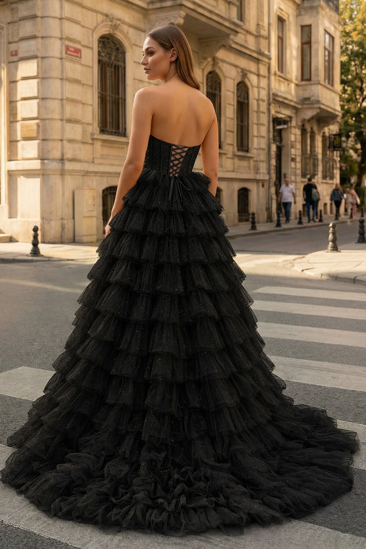 KissProm A Line Strapless Corset Glitter Tulle Prom Dress with Ruffles, Black / 14