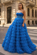 A Line Strapless Corset Glitter Tulle Prom Dress with Ruffles - KissProm