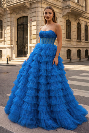 A Line Strapless Corset Glitter Tulle Prom Dress with Ruffles - KissProm