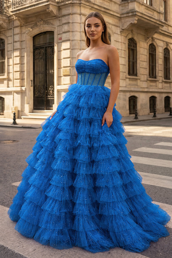 A Line Strapless Corset Glitter Tulle Prom Dress with Ruffles - KissProm
