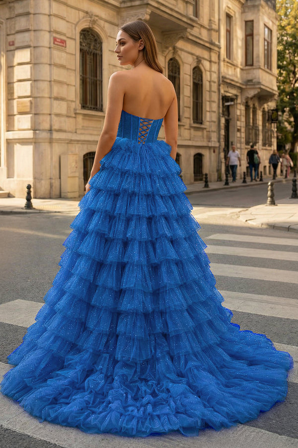 A Line Strapless Corset Glitter Tulle Prom Dress with Ruffles - KissProm