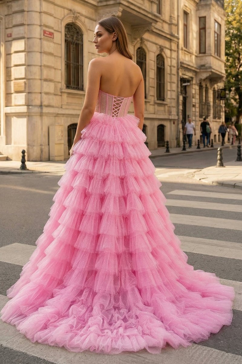 KissProm A Line Strapless Corset Glitter Tulle Prom Dress with Ruffles, Champagne / 14