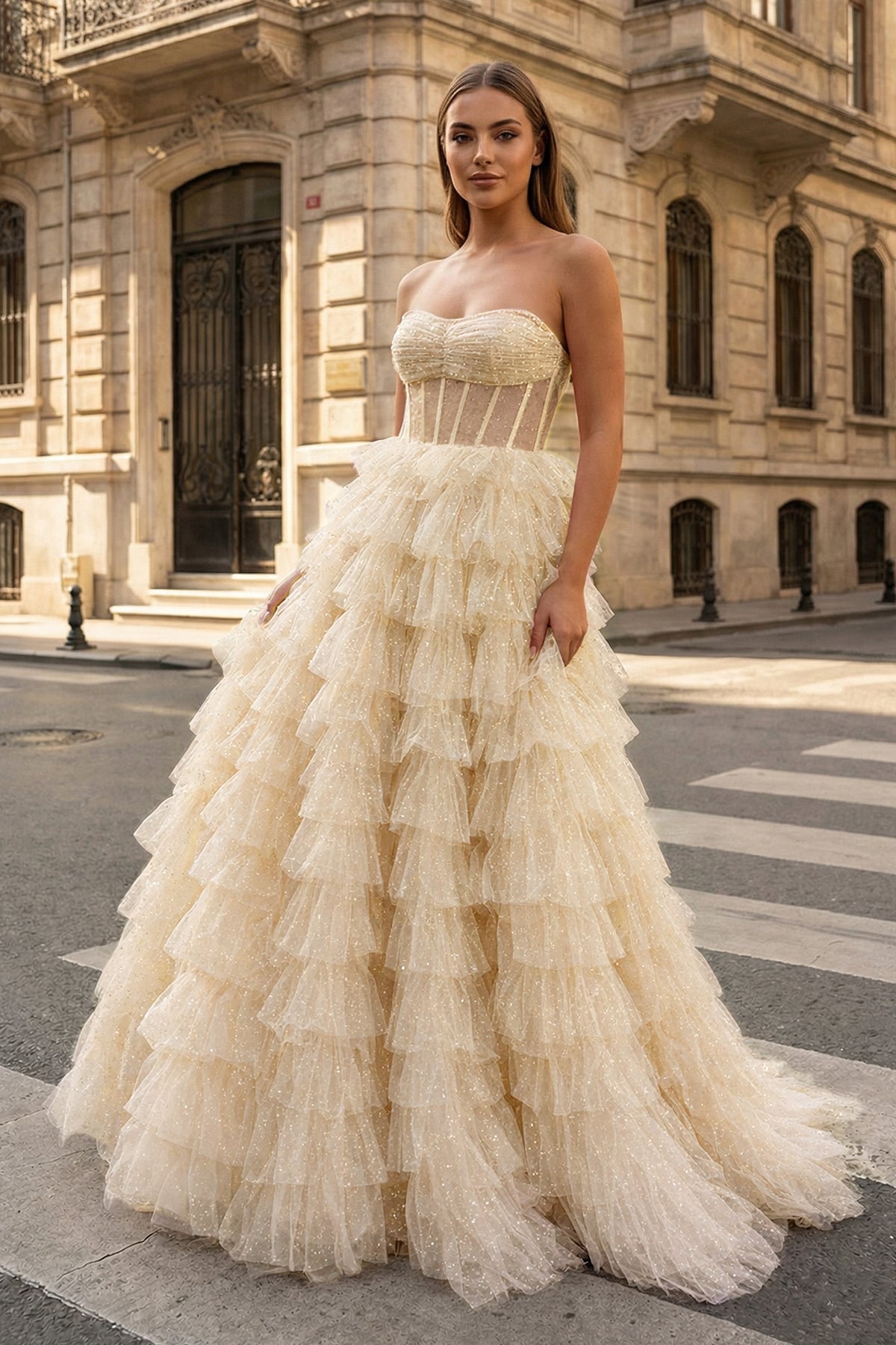 KissProm A Line Strapless Corset Glitter Tulle Prom Dress with Ruffles, Champagne / 14