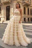 A Line Strapless Corset Glitter Tulle Prom Dress with Ruffles - KissProm