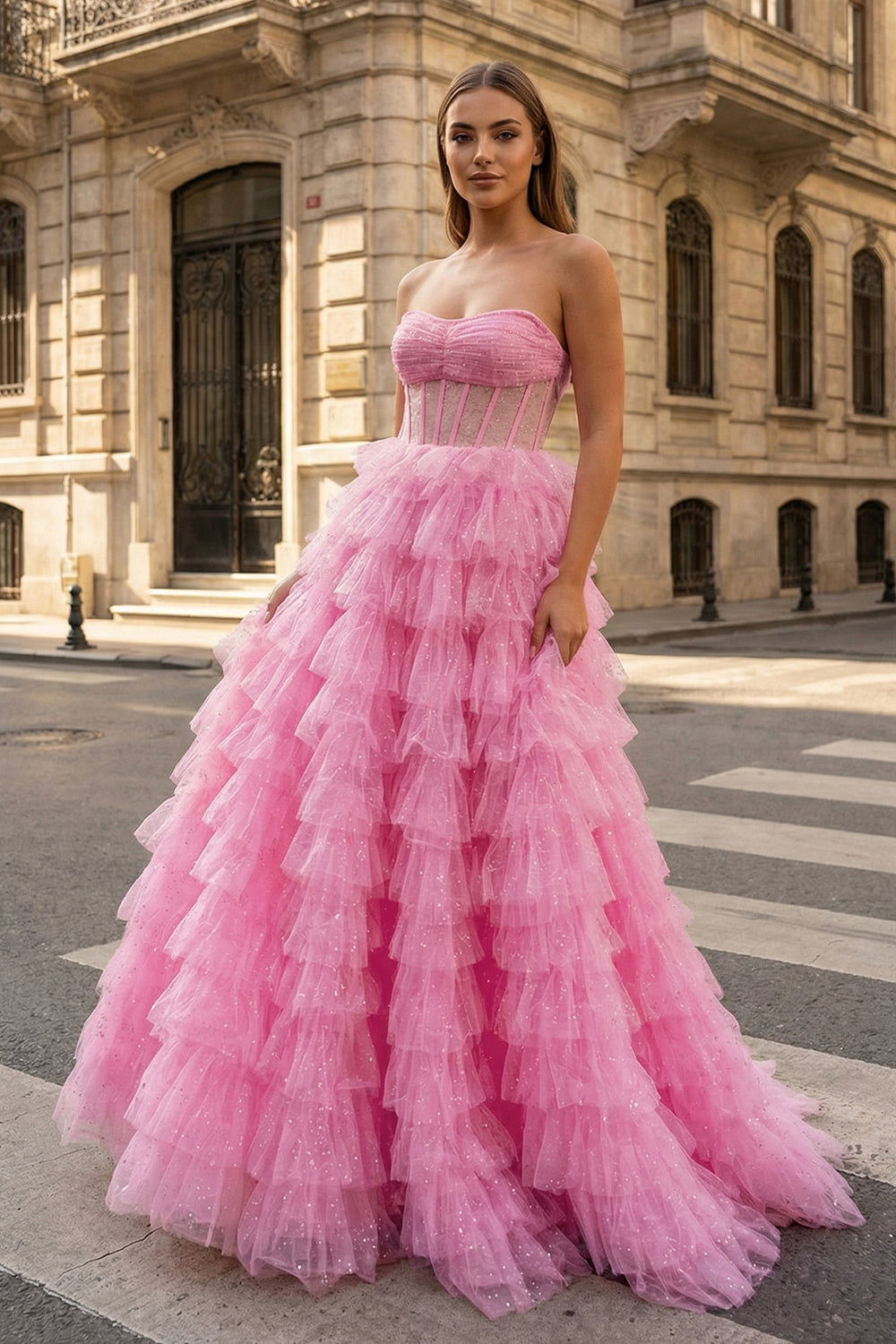 KissProm- Pink A Line Strapless Corset Glitter Tulle Prom Dress with Ruffles