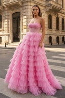 A Line Strapless Corset Glitter Tulle Prom Dress with Ruffles - KissProm