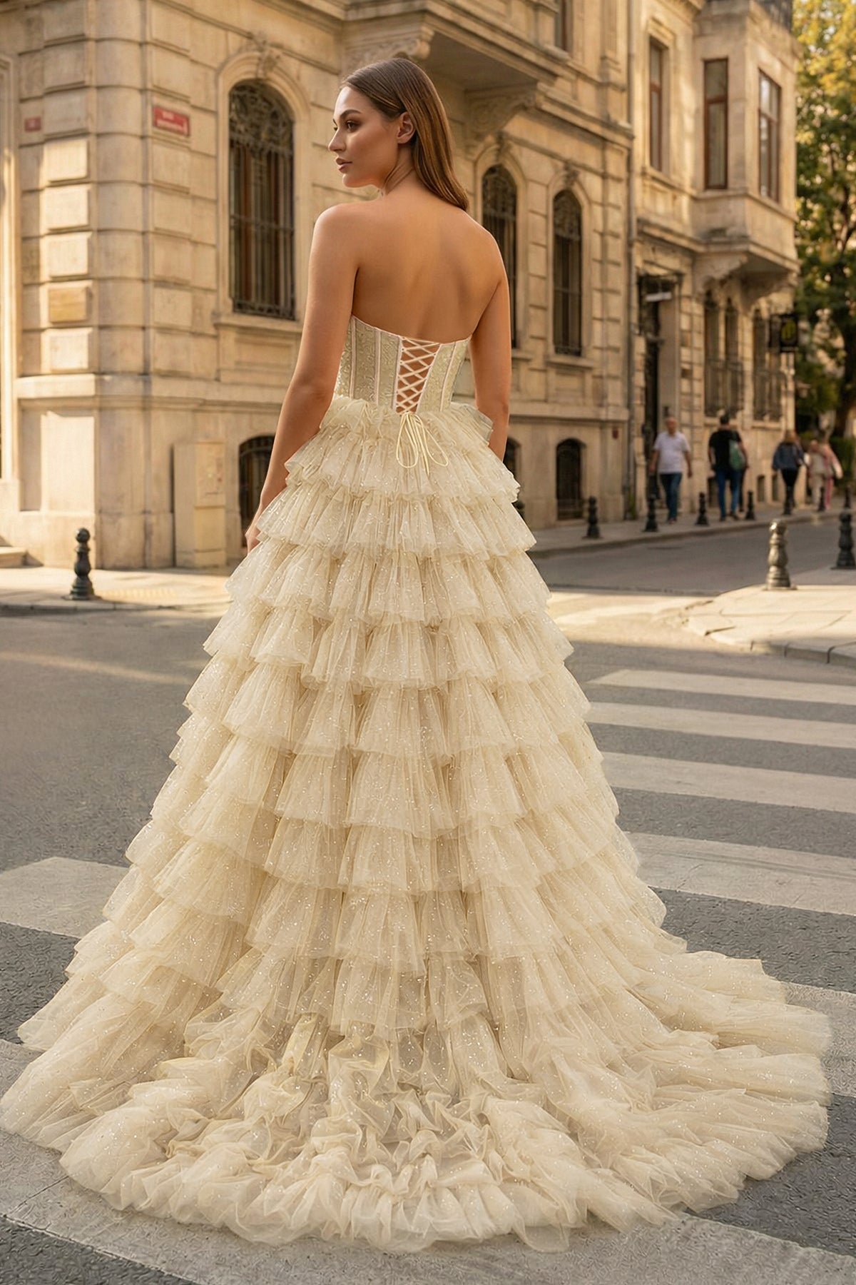 KissProm A Line Strapless Corset Glitter Tulle Prom Dress with Ruffles, Champagne / 14