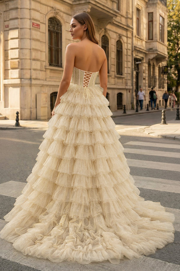 A Line Strapless Corset Glitter Tulle Prom Dress with Ruffles - KissProm