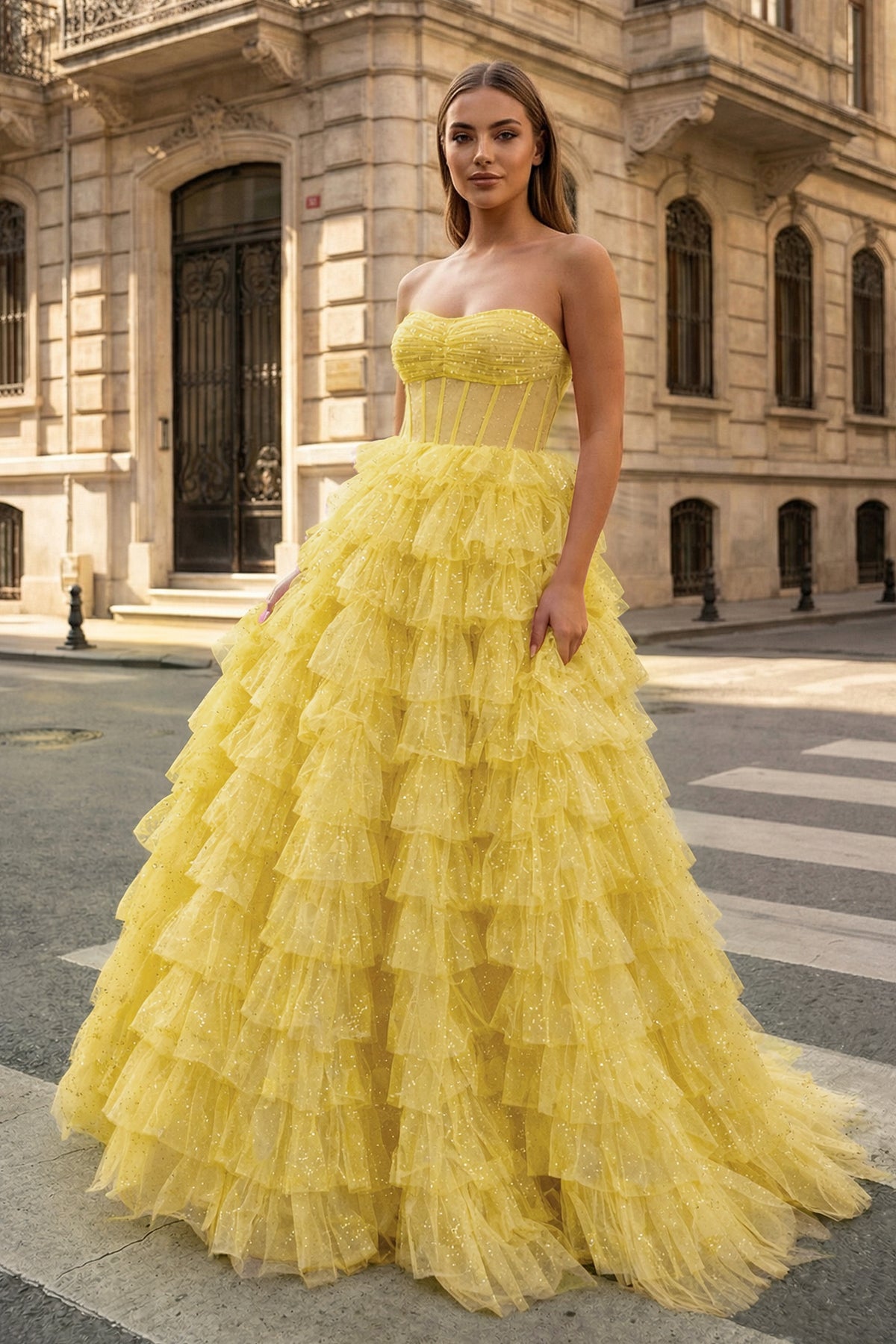 KissProm A Line Strapless Corset Glitter Tulle Prom Dress with Ruffles, Yellow / 8