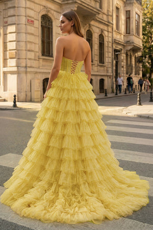 A Line Strapless Corset Glitter Tulle Prom Dress with Ruffles - KissProm