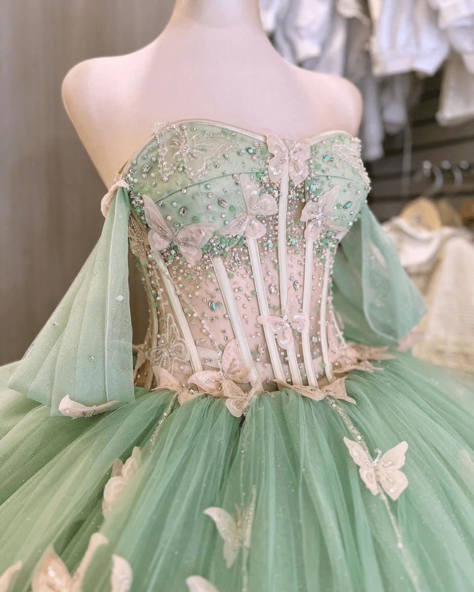 Ball Gown Sage Green Tulle Quinceanera Dress With Butterflies Ball Gown Sage Green Tulle Quinceanera Dress With Butterflies