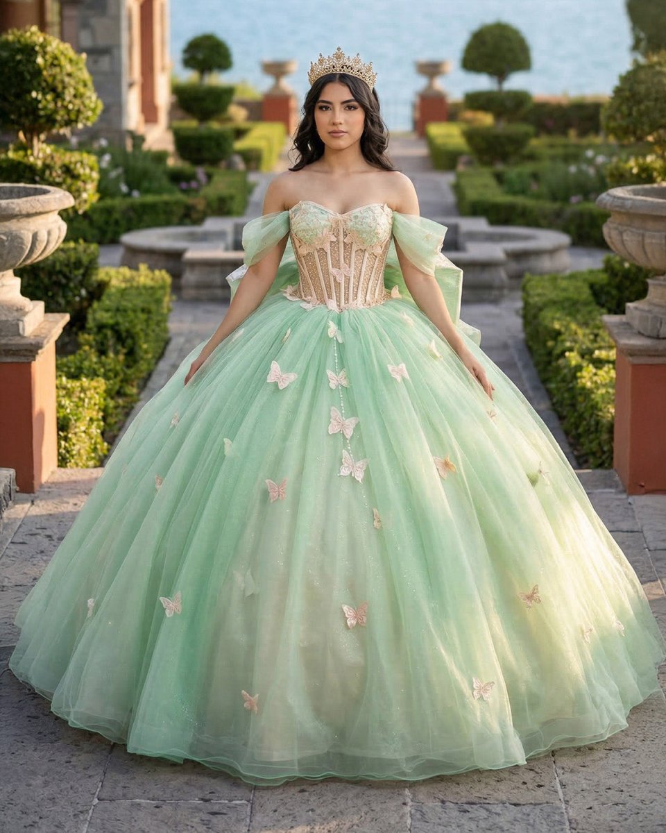 Ball Gown Sage Green Tulle Quinceanera Dress With Butterflies - KissProm