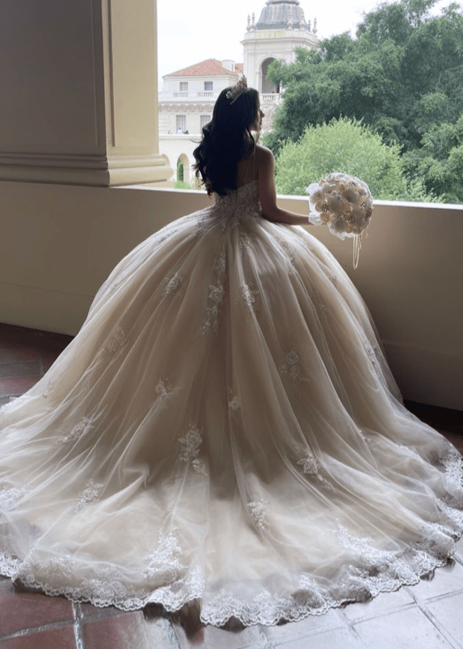 Lace Appliques Ball Gown V-Neck Quinceanera Dress, Champagne / 2 Lace Appliques Ball Gown V-Neck Quinceanera Dress, Champagne / 2