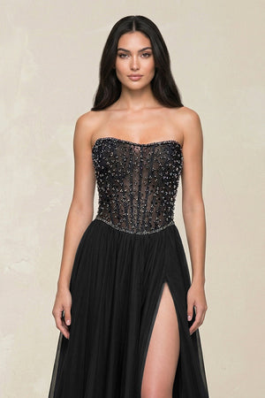 Stunning Strapless Tulle A - Line Corset Wedding Dress With Slit in Black - KissProm Wedding Dresses