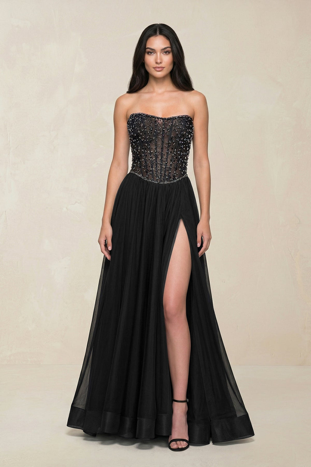 Stunning Strapless Tulle A - Line Corset Wedding Dress With Slit in Black - KissProm Wedding Dresses