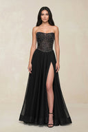 Stunning Strapless Tulle A - Line Corset Wedding Dress With Slit in Black - KissProm Wedding Dresses