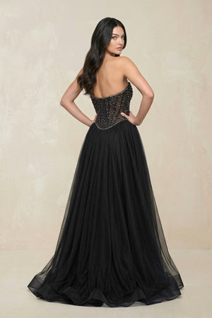 Stunning Strapless Tulle A - Line Corset Wedding Dress With Slit in Black - KissProm Wedding Dresses