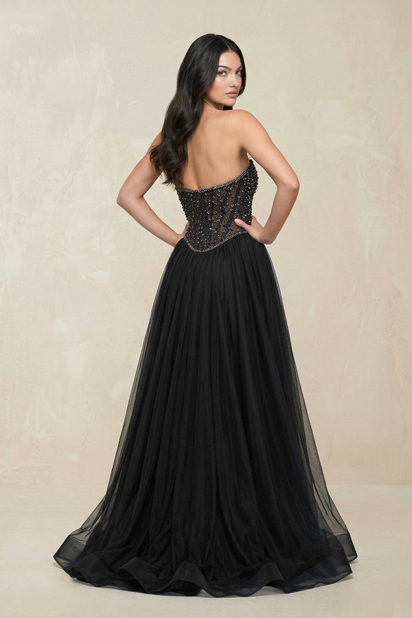 Stunning Strapless Tulle A - Line Corset Wedding Dress With Slit in Black - KissProm Wedding Dresses