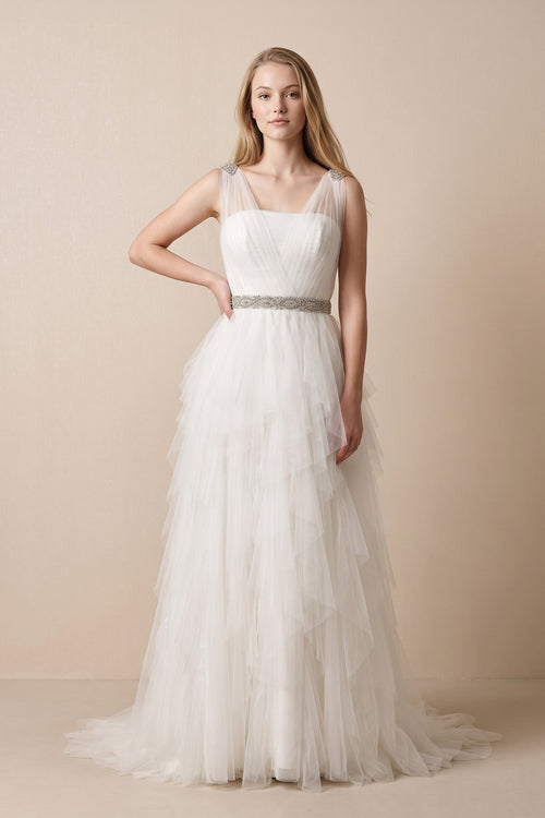 White Stunning Top - ruched Layered Gown With Beaded Tulle Straps– Wedding Dresses by KissProm | Available at KissProm