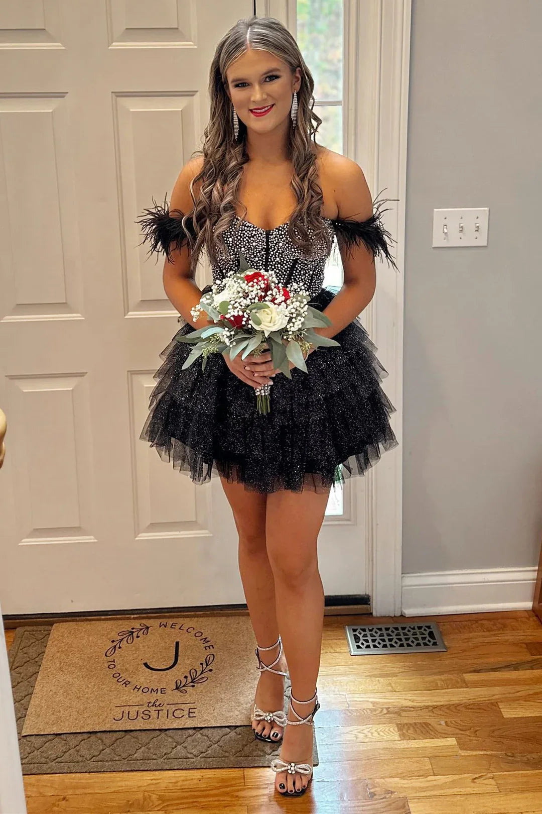 A Line Off the Shoulder Homecoming Dress with Beading, Black / 8