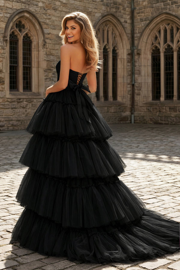 A-line High Low Strapless Tulle Prom Dress with Ruffles - KISSPROM PROM DRESSES