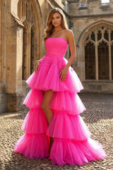 A-line High Low Strapless Tulle Prom Dress with Ruffles - KISSPROM PROM DRESSES