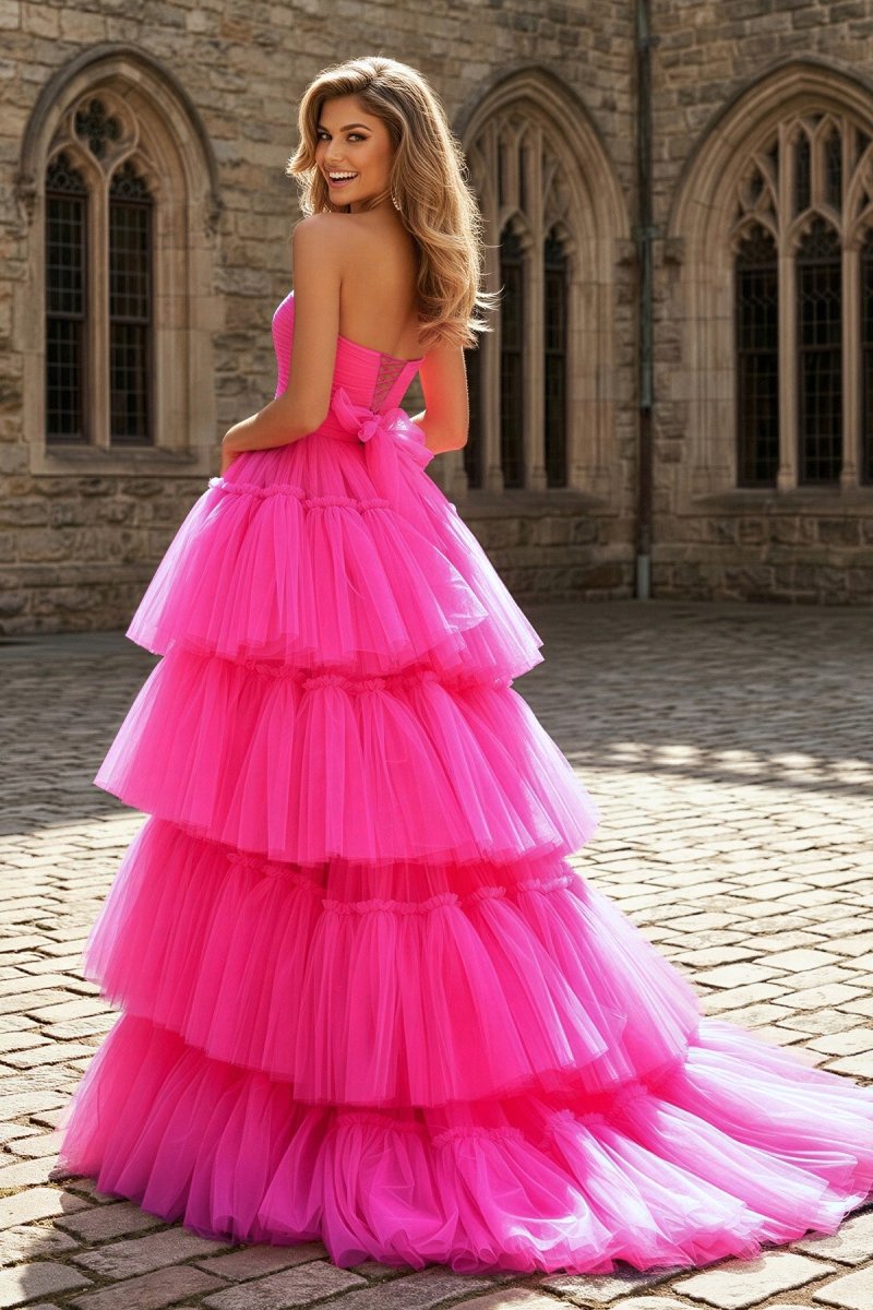 A-line High Low Strapless Tulle Prom Dress with Ruffles - KISSPROM PROM DRESSES
