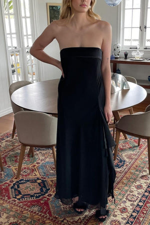 Teresine | Black - Strapless Sheath Chiffon Ankle Length Prom Dress With Slit - KissProm