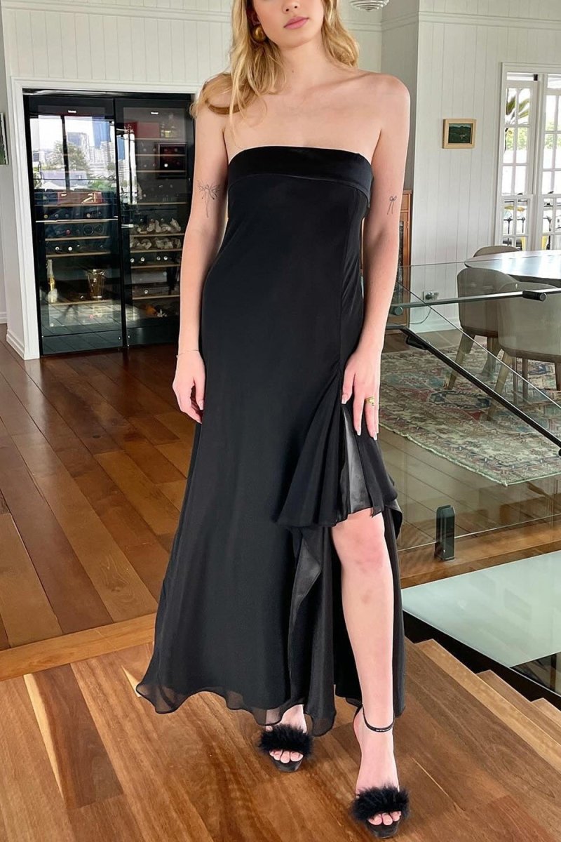 Teresine | Black - Strapless Sheath Chiffon Ankle Length Prom Dress With Slit - KissProm