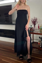 Teresine | Black - Strapless Sheath Chiffon Ankle Length Prom Dress With Slit - KissProm
