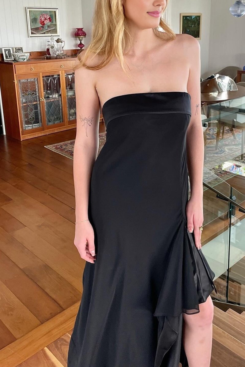 Teresine | Black - Strapless Sheath Chiffon Ankle Length Prom Dress With Slit - KissProm